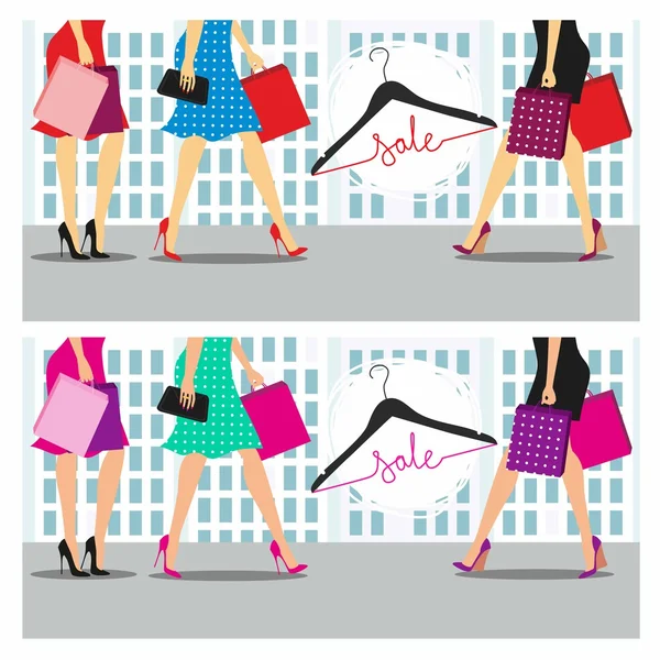 Ventas de primavera y verano. El colorido vector ilustración de las mujeres con bolsas de compras en el contexto de la ciudad . — Vector de stock