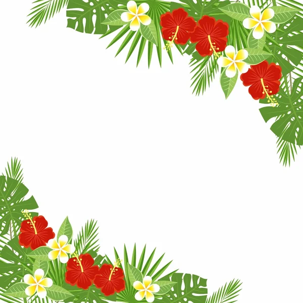 Branches and leaves of tropical plants. Floral background with space for text. Tropical flowers and leaves - hibiscus, palm tree, Monstera, plumeria. Template for postcards, flyers, brochures. — Διανυσματικό Αρχείο