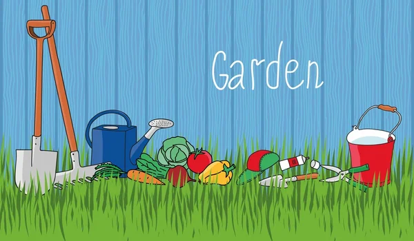 Jardinage et horticulture, bannière sertie d'outils, légumes et plantes . — Image vectorielle
