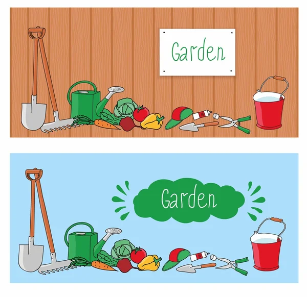 Gardening and horticulture, banner set with tools, vegetables and plants. — ストックベクタ