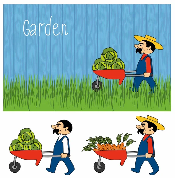 Vector illustration of a gardener in a wheelbarrow carries harvest. Isolated against a fence and grass. Cartoon gardeners work. Set cartoon character farmers with a crop of vegetables — ストックベクタ