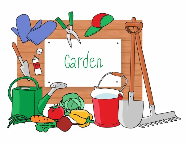 背景ボード上の庭の道具や野菜のイラストとテキストの場所。白い背景に隔離. — ストックベクタ