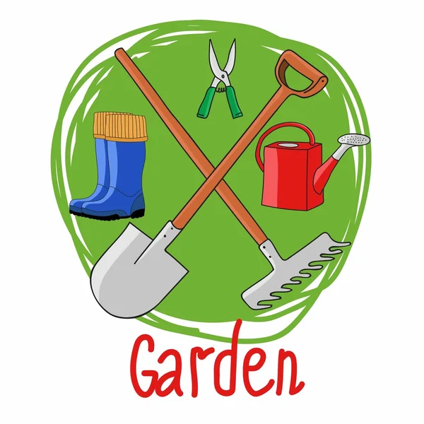 Ilustração vetorial isolada sobre fundo verde, agricultura e horticultura. Ele pode ser usado como um ícone. Imagem vetorial de ferramentas de jardim . — Vetor de Stock