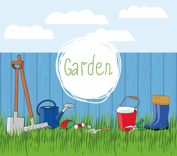 Fond vectoriel avec outils de jardin et bottes en caoutchouc sur l'herbe — Image vectorielle