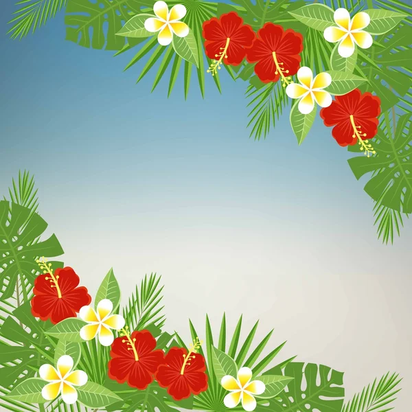 Floral background with space for text. Tropical flowers and leaves - hibiscus, palm tree, Monstera, plumeria. Template for postcards, flyers, brochures. vector abstract blurred background — 스톡 벡터