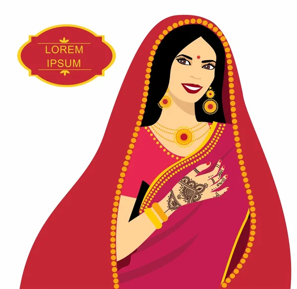 Frumos indian bruneta tineri femeie în sari. Mâini cu model mehndi — Vector de stoc