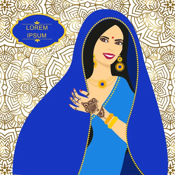 Hermosa mujer joven morena india en sari. Manos con patrón mehndi — Vector de stock