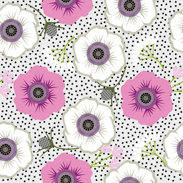 dikişsiz çiçekler. Çiçeklerile nazik dikişsiz polka nokta desen. Sevimli basit çiçek süsü. Kumaş, hurda kağıt ve diğer için vektör çizimi