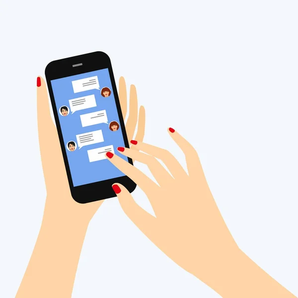 Invio di messaggi agli amici tramite messaggistica istantanea. Mano femminile che tiene in mano uno smartphone con una chat sul display — Vettoriale Stock