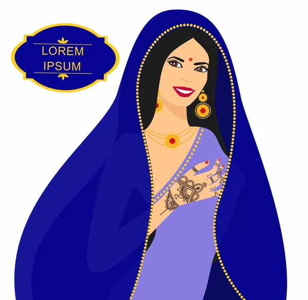 Belle brune indienne jeune femme en sari. Mains avec motif mehndi — Image vectorielle