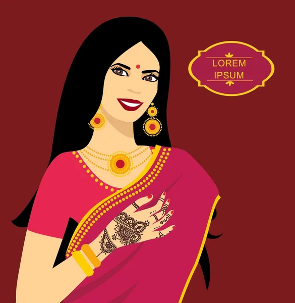 Hermosa mujer joven morena india en sari. Manos con patrón mehndi — Vector de stock