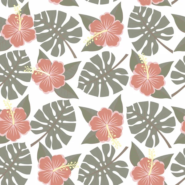 Feuilles et fleurs tropicales sans couture - monstère et hibiscus — Image vectorielle