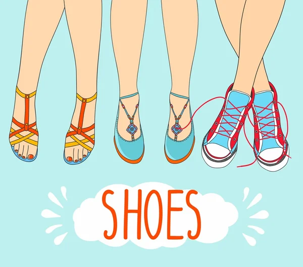 Hand getekende vector illustratie voeten in sneakers. Funky gekleurde schoenen gumshoes Fashion sneakers geïsoleerd. voeten in sandalen op geïsoleerde achtergrond — Stockvector