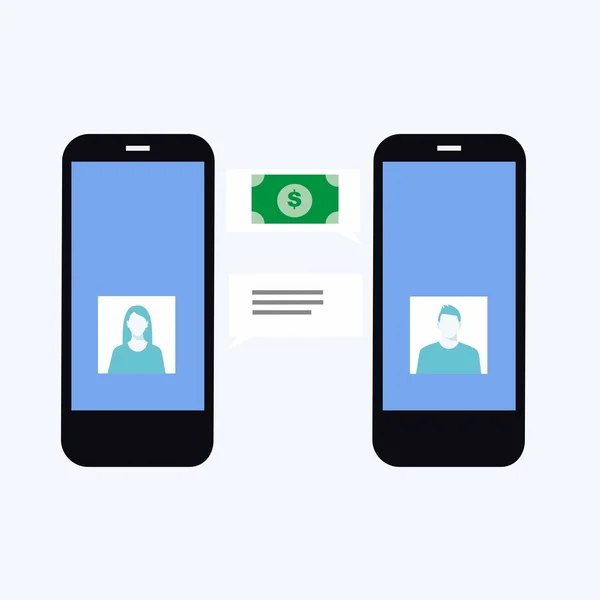Transferencia de dinero a amigos a través de chat messager. Ilustración de dos smartphones . — Vector de stock