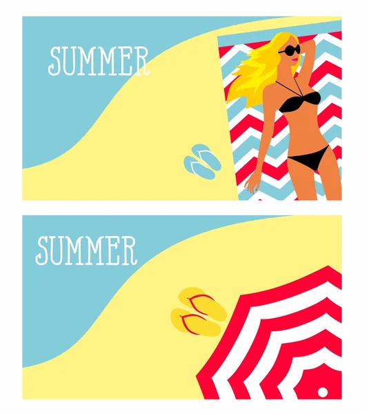 Illust de una muchacha en la playa, mar, sombrilla — Vector de stock