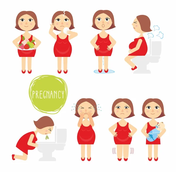 Illustration vectorielle signes de symptômes de grossesse - toxémie de la grossesse, gonflement, instabilité émotionnelle, problèmes d'estomac. Maman et bébé. isolé sur fond blanc — Image vectorielle