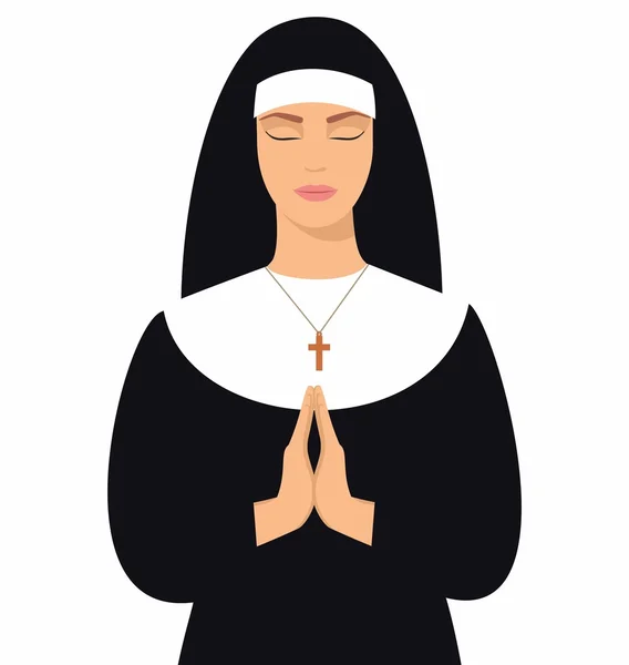 Ilustração de uma jovem freira com os olhos fechados e as mãos dobradas em oração. Jovem freira em posição de oração. Ilustração vetorial da mulher orando —  Vetores de Stock
