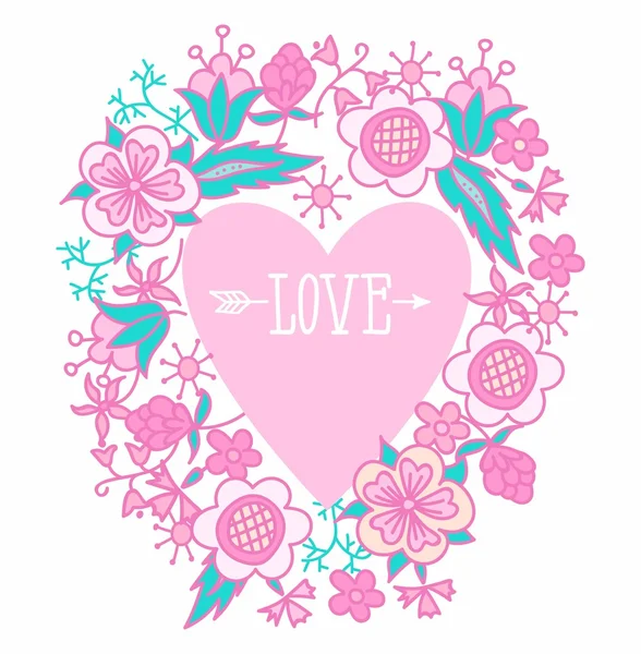 Illustration av hjärta med ordet kärlek och pilen inramade av blommor. mall för gratulationskort, koppar, skriva ut på textilar — Stock vektor