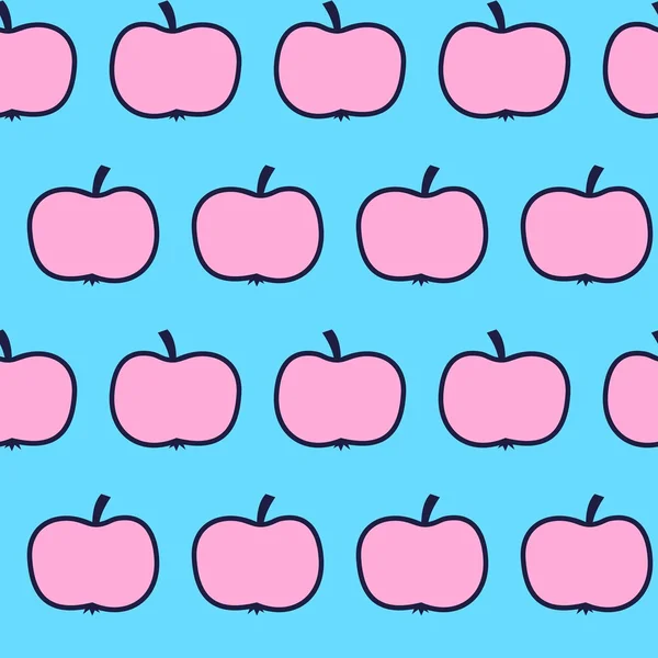 青色の背景にシームレスなピンクのりんご。シームレス パターンりんご — ストックベクタ