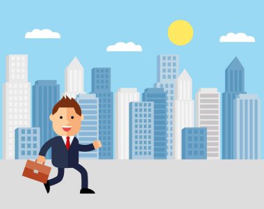 Elinde evrak çantası olan takım elbiseli bir karikatürist şehrin arka planına doğru yürüyor. bitmap