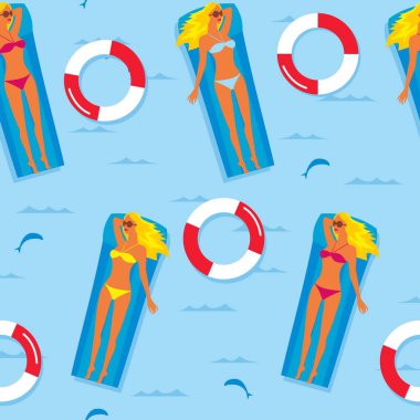 Kusursuz bir yaz geçmişi var. Bikinili bir kız şişme yatakta denizde yüzüyor. Kumaş, ambalaj kağıdı, arka plan şablonu