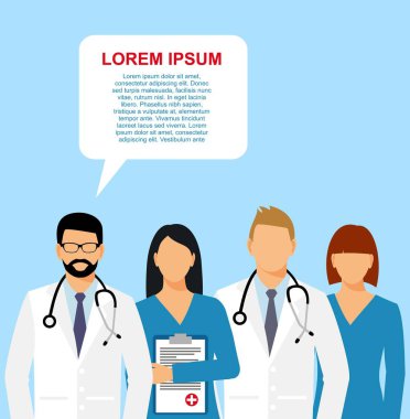steteskoplu sabahlık giymiş doktorlar ve asistanlar. Yüzü olmayan doktorlar. Çizim. bitmap