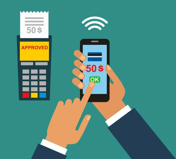 Mobile Payment Mobiles Bezahlen Kreditkarte Hält Das Telefon Flach Bitmap — Stockvektor