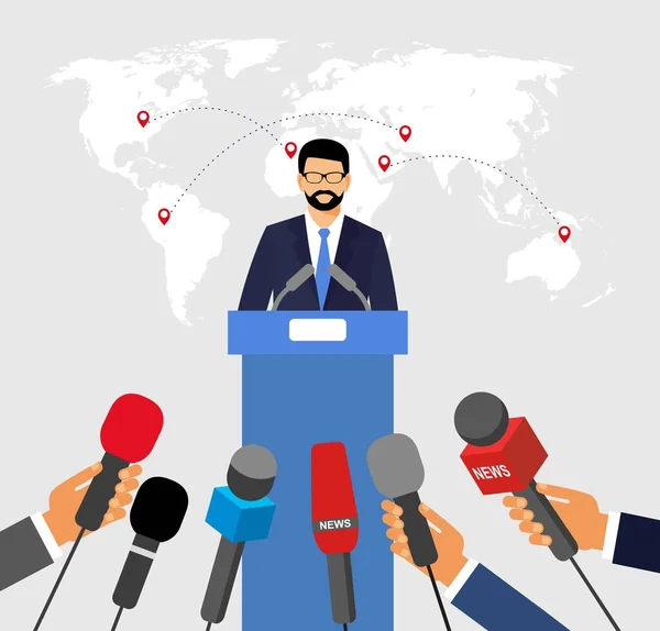 Concepção Relatório Vivo Conferência Imprensa Mãos Com Microfone Notícias Entrevista —  Vetores de Stock