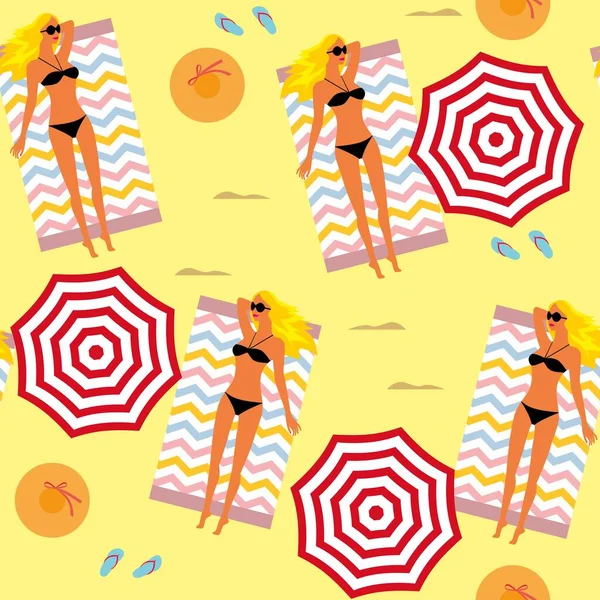Naadloze Zomerachtergrond Meisje Zonnebaden Het Strand Parasols Hoeden Leien Template — Stockvector