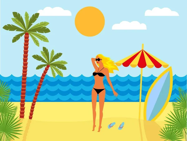 Paysage Tropical Avec Plage Mer Palmiers Fille Bikini Fond Été — Image vectorielle