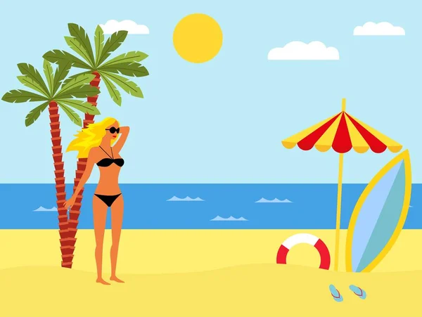 Peisaj Tropical Plajă Mare Palmieri Fată Bikini Fundal Vară Mare — Vector de stoc