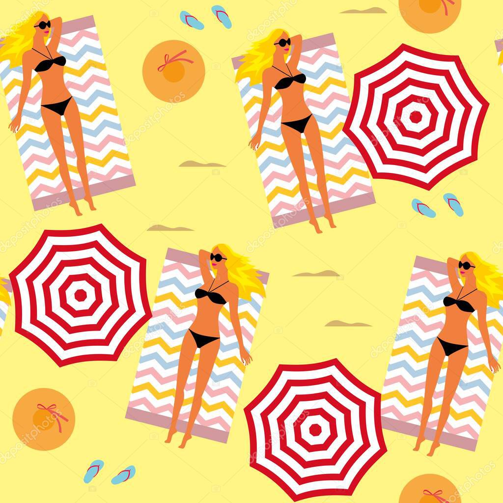 Seamless summer background. girl sunbathing on the beach, beach umbrellas, hats, slates. Template for fabric, wrapping paper, backgrounds. bitmap