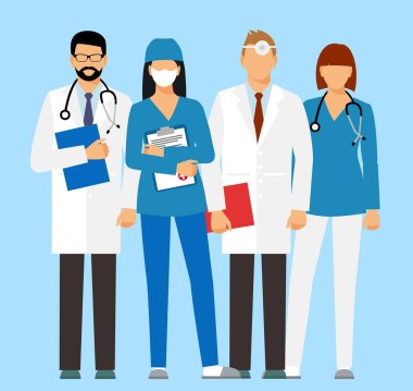 Tıbbi maskeli doktor ve hemşireler vektör çizimi tasarımı