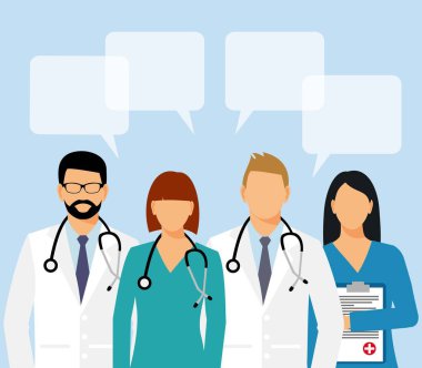 Tıbbi personeli ve steteskop vektör illüstrasyonlu bir grup doktor