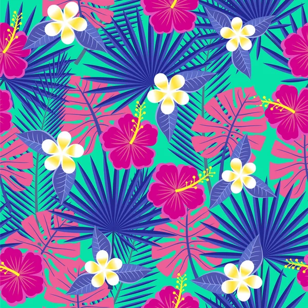 Flores Hibisco Tropical Patrón Sin Costura Ilustración Vectorial — Archivo Imágenes Vectoriales