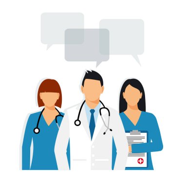 Steteskop ve konuşma balonu vektör çizimi grafik tasarımı olan doktorlar