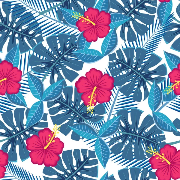 Tropical Hibiscus Flowers Seamless Pattern Vector Illustration — Stock Vector