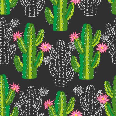 Sulu ve kaktüsün kusursuz deseni. vektör botanik illüstrasyon