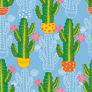 Mavi arka planda sulu ve kaktüslerin kusursuz deseni. vektör botanik illüstrasyon