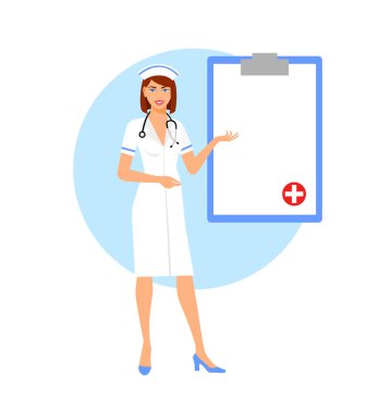 Güzel bayan hemşire elinde bir dosya tutuyor ve belgeyi gösteriyor. Mavi arka planda, panosu ve steteskopu olan genç hemşire ya da doktor portresi