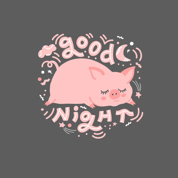Menggambar Tulisan Tangan Piggy Tidur Dan Tulisan Selamat Malam Ilustrasi - Stok Vektor