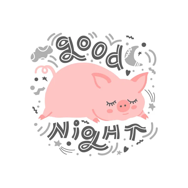 Menggambar Tulisan Tangan Piggy Tidur Dan Tulisan Selamat Malam Ilustrasi - Stok Vektor