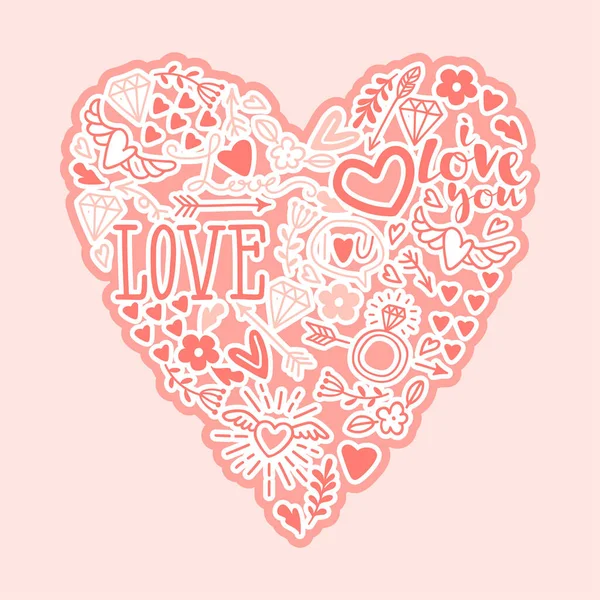 Love You el yazısı ve karalama elementleri kalp vektör çizimi şeklinde. Çizgi film vektör el çizimi Aşk illüstrasyonu 