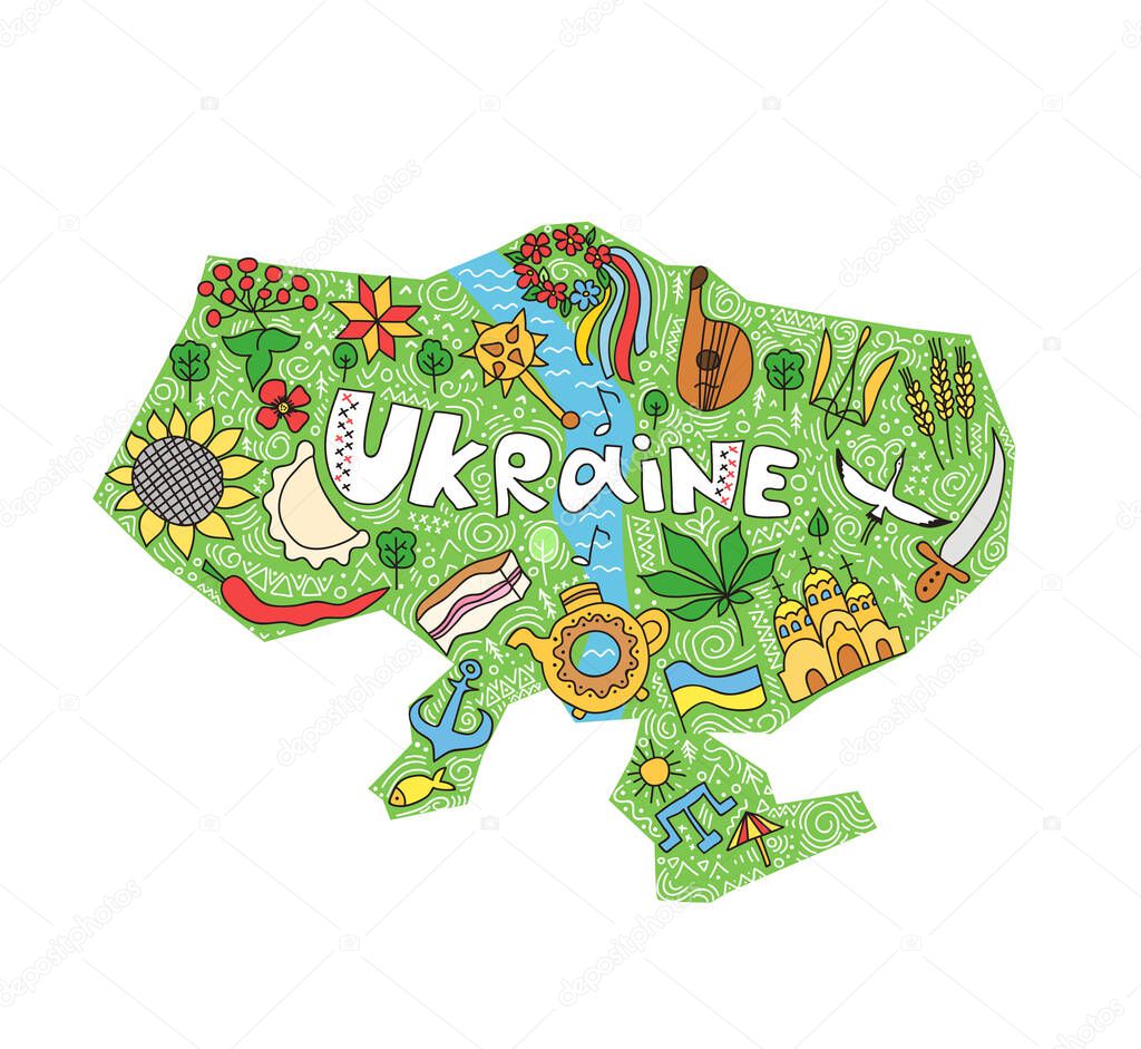 Ukraine hand lettering and doodles elements background. Map of Ukraine with national elements in the style of doodles.