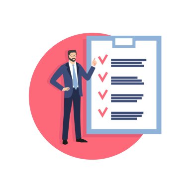 İşadamı tamamlanmış vakaların bir listesini gösteriyor. İş başarısı, konsept bir şeydir. Bir listeyi işaret eden, takım elbiseli, yüzü olmayan bir adamın resmi. 