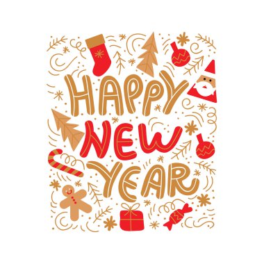 Mutlu noeller ve harflerle dolu mutlu yeni yıl tebrik kartları. vektör illüstrasyonu
