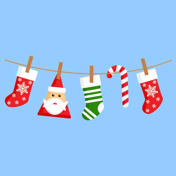 Christmas Socks Santa Claus Candy Cone Hanging Rope Clothespins — Stock Vector