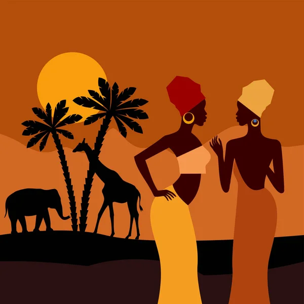 Ilustración Vectorial Las Mujeres Playa Con Hojas Palma Jirafa Elefante — Vector de stock