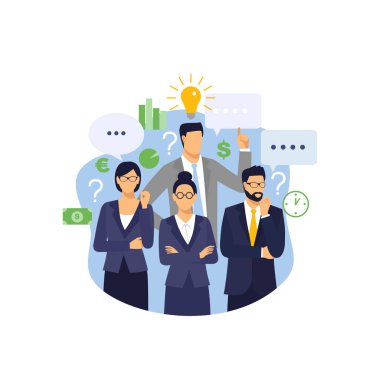 Konuşma baloncukları ve ampul fikri olan iş adamları grubu, vektör illüstrasyonu