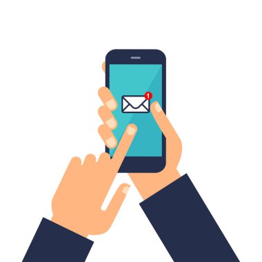 E- posta simgesi, vektör illüstrasyonlu akıllı telefonu tutan adam